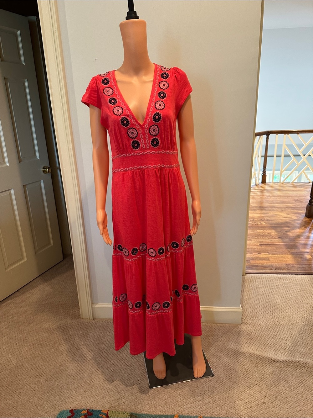 Boden Red Floral Embroidered V-Neck Maxi Dress